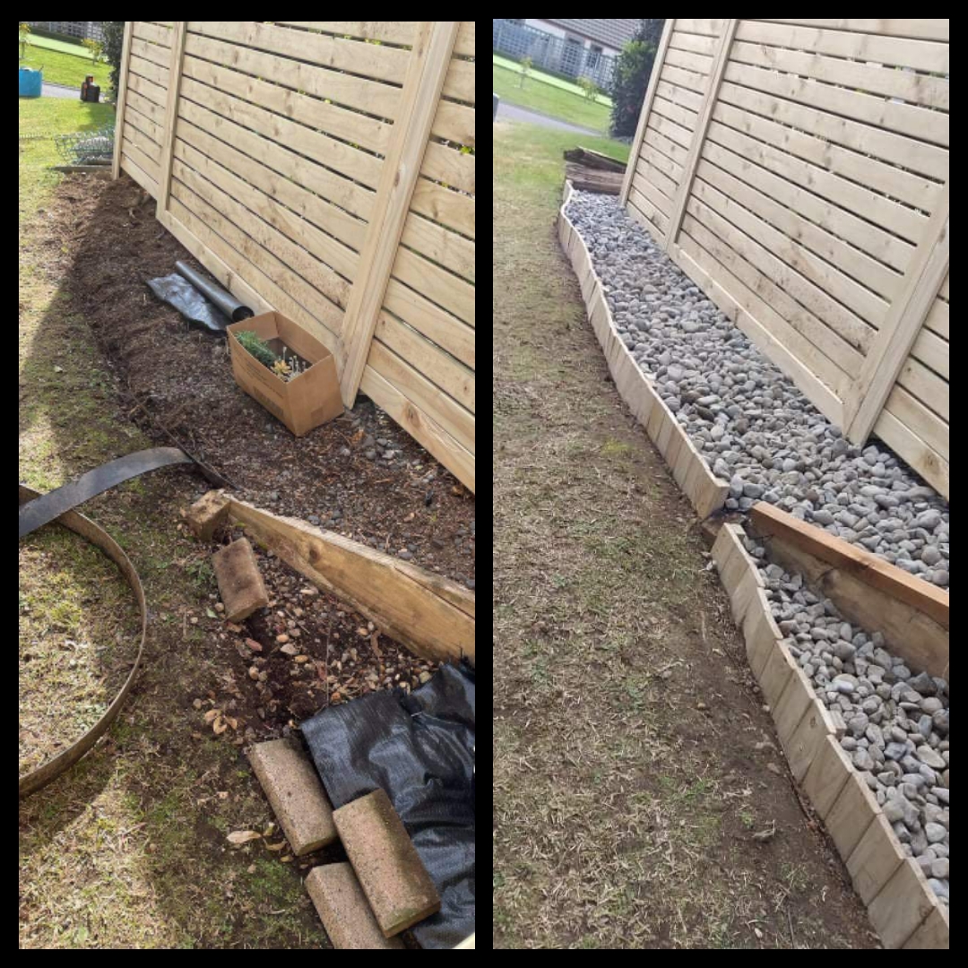 Fence-line garden bed before and after a river-stone border install